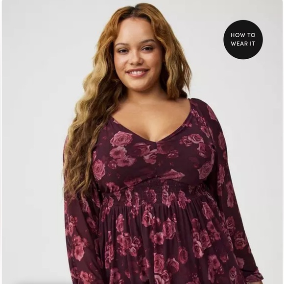Torrid Fading Roses Floral Winetasting Babydoll with Long Mesh Sleeves Top 3X - Picture 2 of 8